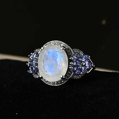 Premium Moon Glow Moonstone and Multi Gemstone 6.25 ctw Ring in Platinum Over Sterling Silver (Size 10.0)