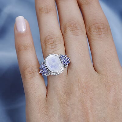 Premium Moon Glow Moonstone and Multi Gemstone 6.25 ctw Ring in Platinum Over Sterling Silver (Size 10.0)