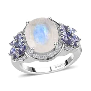 Premium Moon Glow Moonstone and Multi Gemstone 6.25 ctw Ring in Platinum Over Sterling Silver (Size 9.0)