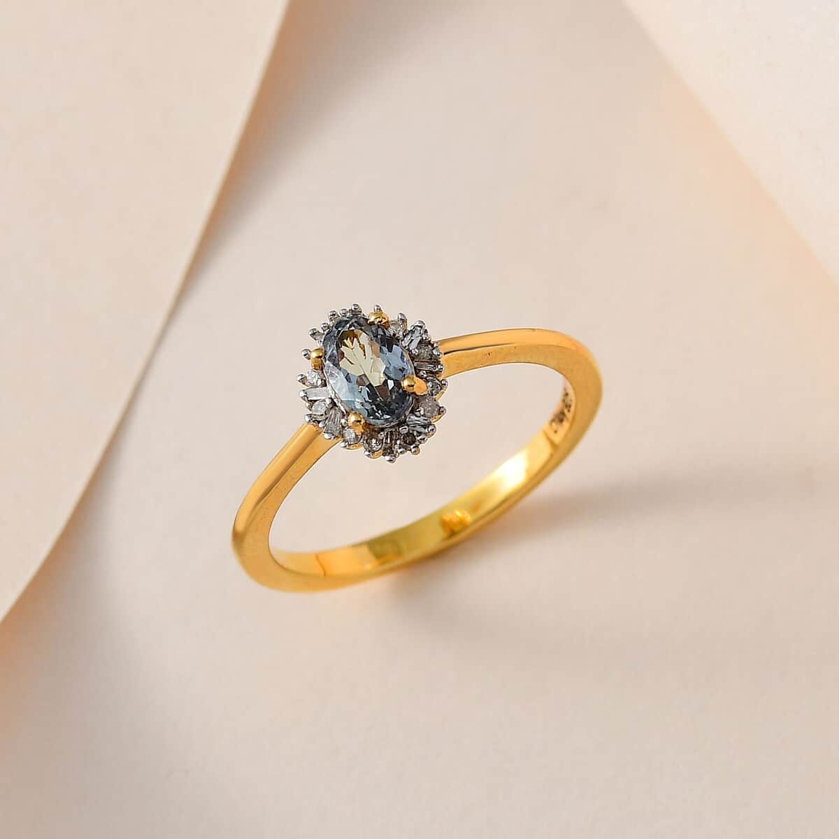 Green Tanzanite and Diamond Halo Ring in Vermeil Yellow Gold Over Sterling Silver (Size 7.0) 0.60 ctw image number 1