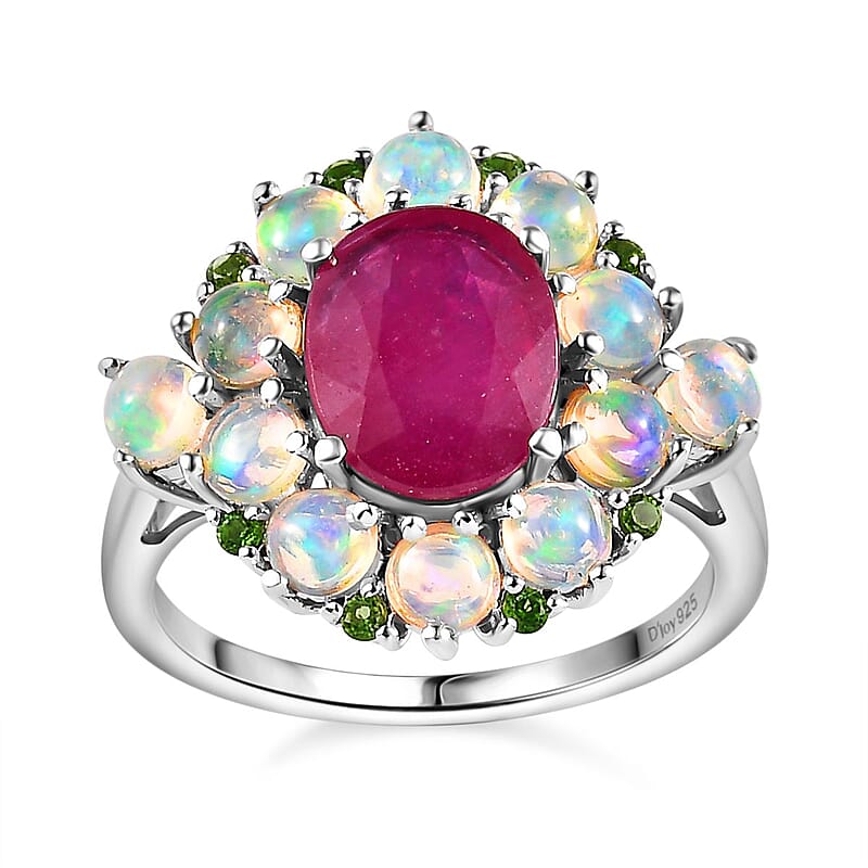 Niassa Ruby (FF) and Multi Gemstone Ring in Platinum Over Sterling Silver (Size 10.0) 5.20 ctw