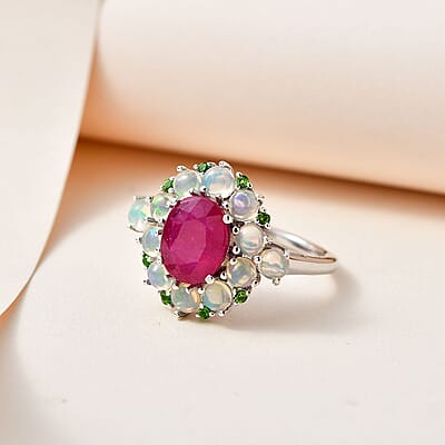 Niassa Ruby (FF) and Multi Gemstone Ring in Platinum Over Sterling Silver (Size 10.0) 5.20 ctw