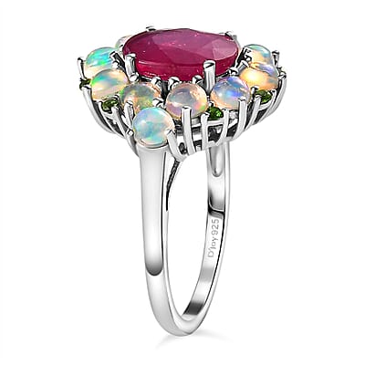 Niassa Ruby (FF) and Multi Gemstone Ring in Platinum Over Sterling Silver (Size 10.0) 5.20 ctw