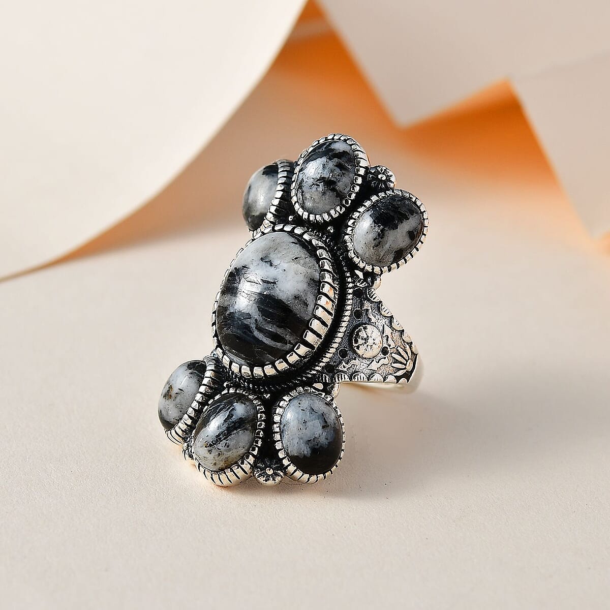 Artisan Crafted White Buffalo 7 Stone Cluster Ring in Sterling Silver 13.65 ctw image number 1