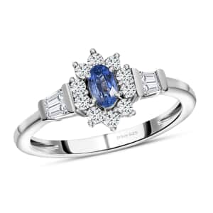 Ceylon Blue Sapphire and White Zircon Ring in Platinum Over Sterling Silver (Size 10.0) 0.85 ctw