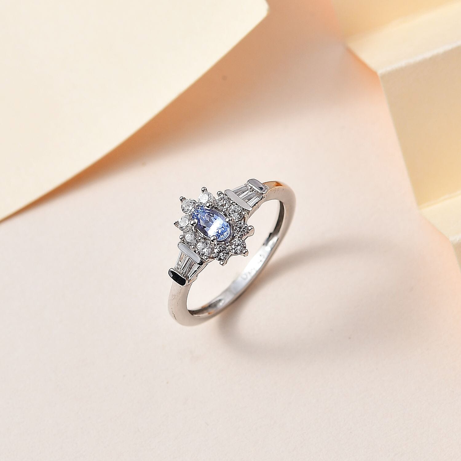 Ceylon Blue Sapphire and White Zircon Ring in Platinum Over Sterling Silver (Size 10.0) 0.85 ctw
