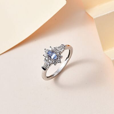 Ceylon Blue Sapphire and White Zircon Ring in Platinum Over Sterling Silver (Size 10.0) 0.85 ctw