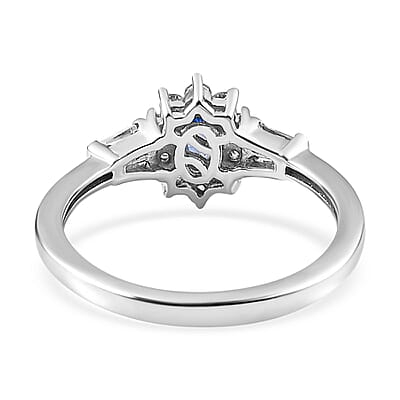 Ceylon Blue Sapphire and White Zircon Ring in Platinum Over Sterling Silver (Size 10.0) 0.85 ctw