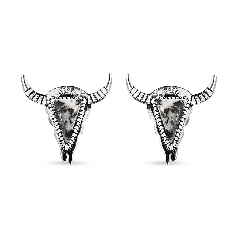 Artisan Crafted White Buffalo 3.50 ctw Bull Head Earrings in Sterling Silver