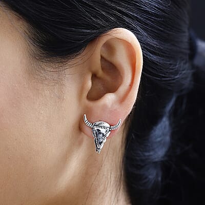Artisan Crafted White Buffalo 3.50 ctw Bull Head Earrings in Sterling Silver