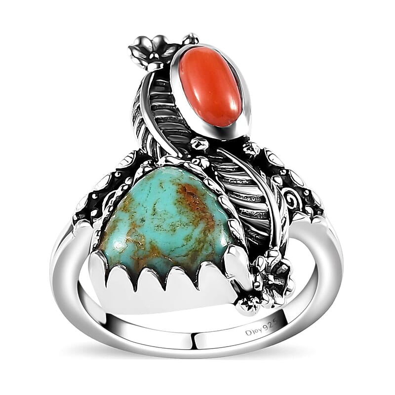 Artisan Crafted Sierra Nevada Turquoise and Coral Bypass Ring in Sterling Silver (Size 10.0) 3.85 ctw