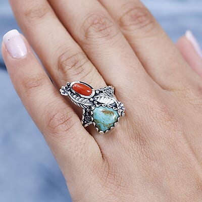 Artisan Crafted Sierra Nevada Turquoise and Coral Bypass Ring in Sterling Silver (Size 10.0) 3.85 ctw