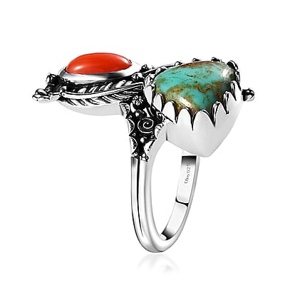 Artisan Crafted Sierra Nevada Turquoise and Coral Bypass Ring in Sterling Silver (Size 10.0) 3.85 ctw