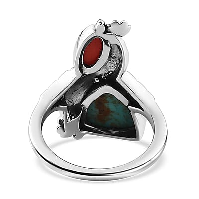 Artisan Crafted Sierra Nevada Turquoise and Coral Bypass Ring in Sterling Silver (Size 10.0) 3.85 ctw