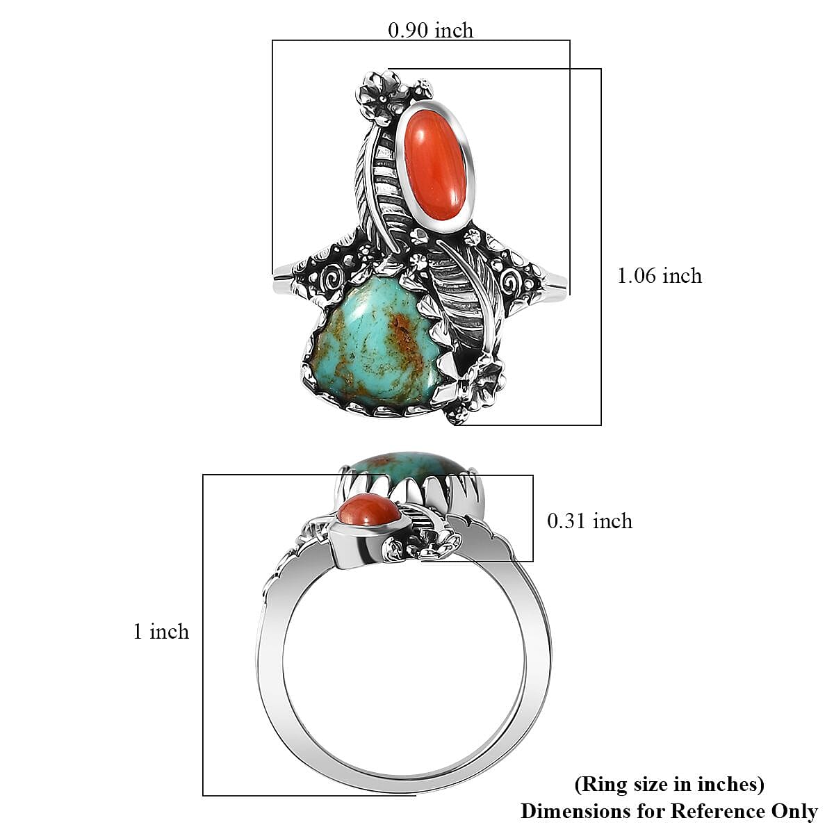 Artisan Crafted Sierra Nevada Turquoise and Coral Bypass Ring in Sterling Silver (Size 10.0) 3.85 ctw