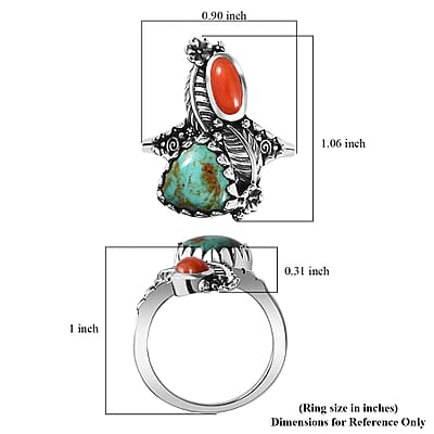 Artisan Crafted Sierra Nevada Turquoise and Coral Bypass Ring in Sterling Silver (Size 10.0) 3.85 ctw