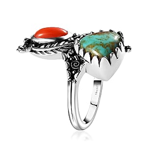 Artisan Crafted Sierra Nevada Turquoise and Coral Bypass Ring in Sterling Silver (Size 7.0) 3.85 ctw