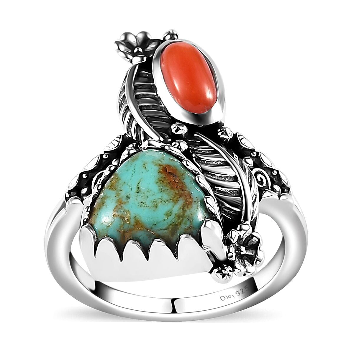 Artisan Crafted Sierra Nevada Turquoise and Coral Bypass Ring in Sterling Silver (Size 8.0) 3.85 ctw image number 0
