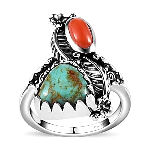 Artisan Crafted Sierra Nevada Turquoise and Coral Bypass Ring in Sterling Silver (Size 8.0) 3.85 ctw