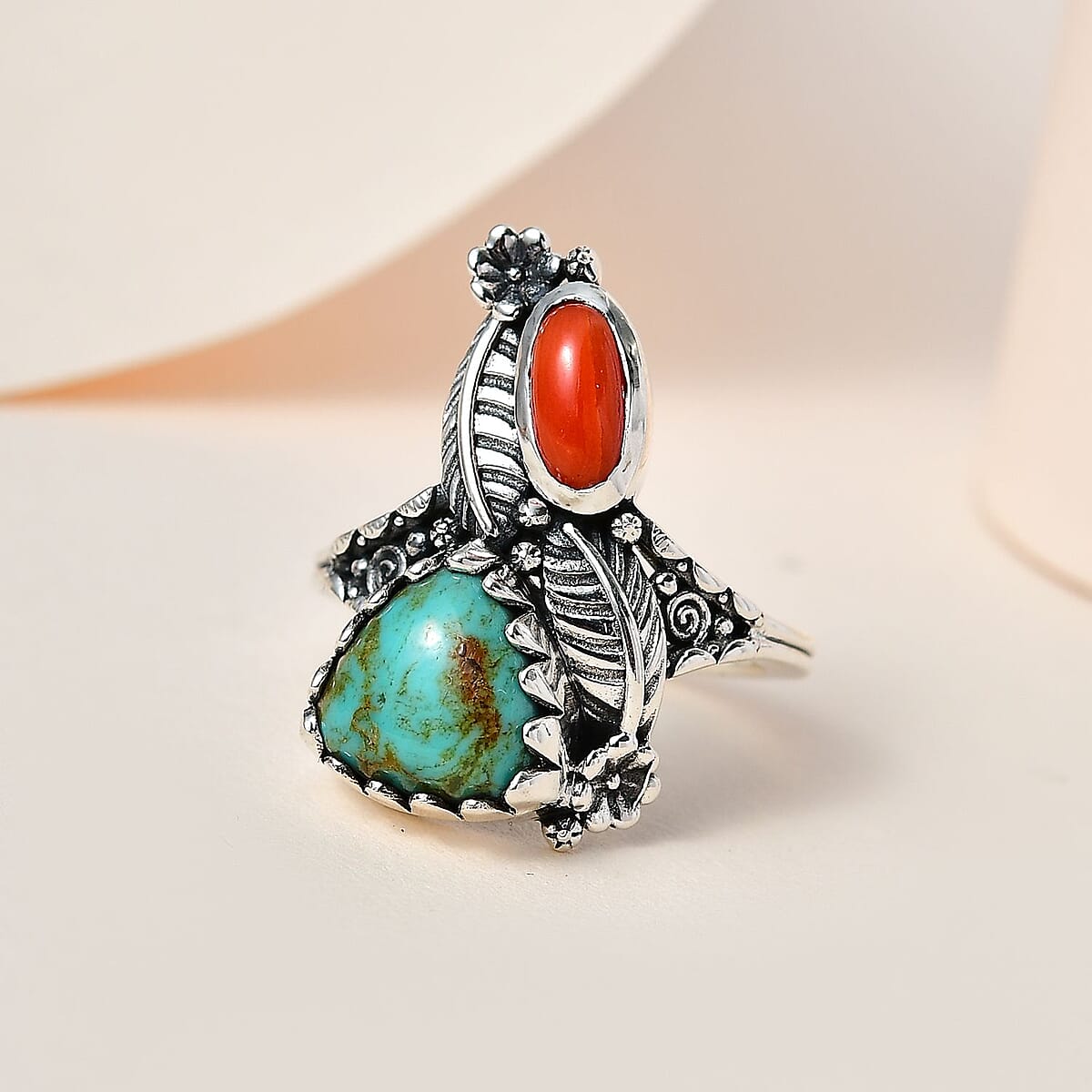 Artisan Crafted Sierra Nevada Turquoise and Coral Bypass Ring in Sterling Silver (Size 8.0) 3.85 ctw image number 1