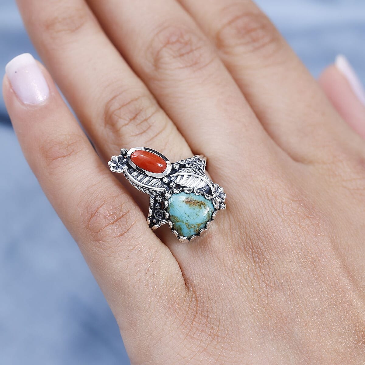 Artisan Crafted Sierra Nevada Turquoise and Coral Bypass Ring in Sterling Silver (Size 8.0) 3.85 ctw image number 2