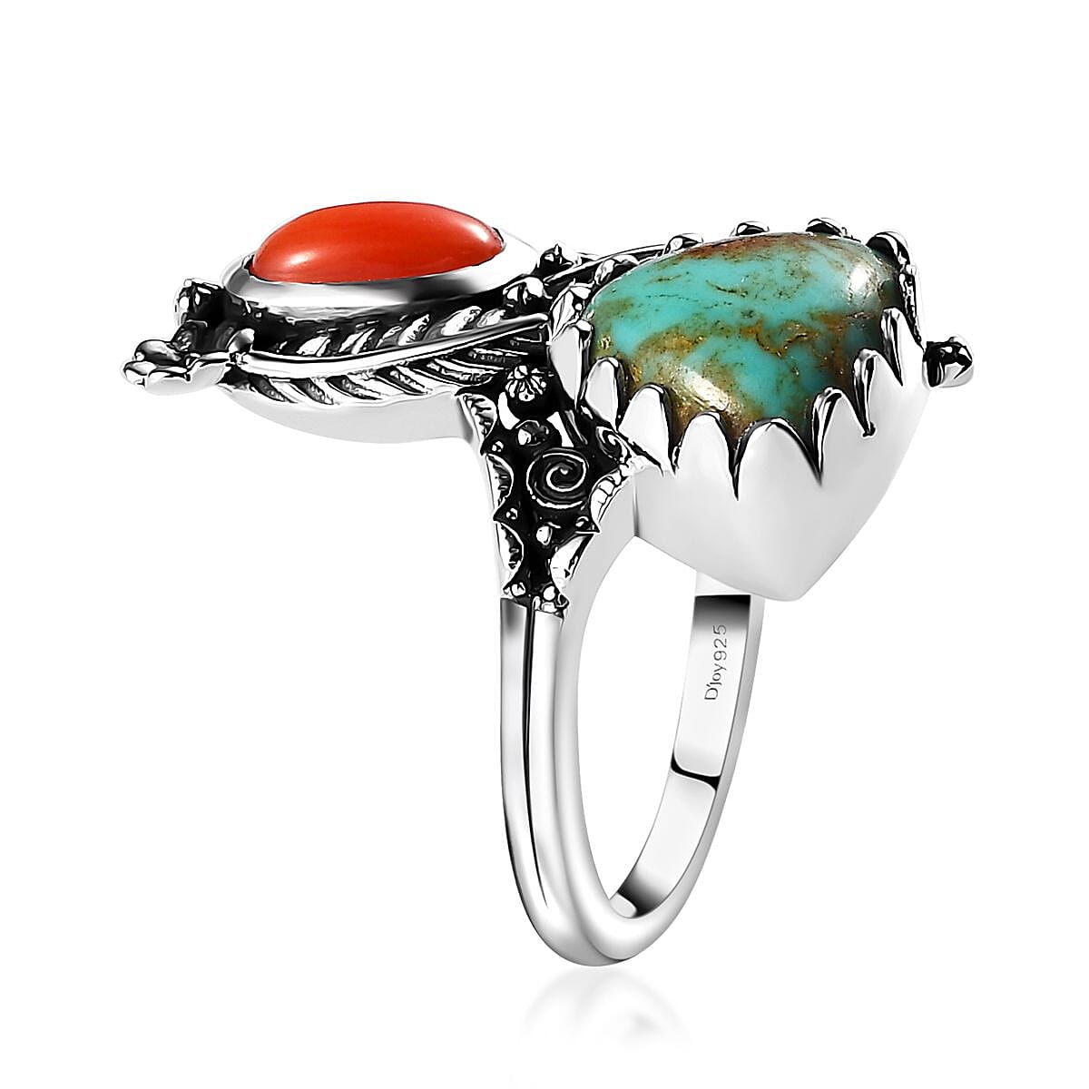 Artisan Crafted Sierra Nevada Turquoise and Coral Bypass Ring in Sterling Silver (Size 8.0) 3.85 ctw image number 3