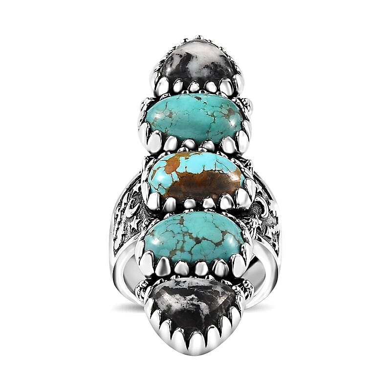 Artisan Crafted Sierra Nevada Turquoise and White Buffalo 5 Stone Ring in Sterling Silver (Size 7.0) 16.70 ctw
