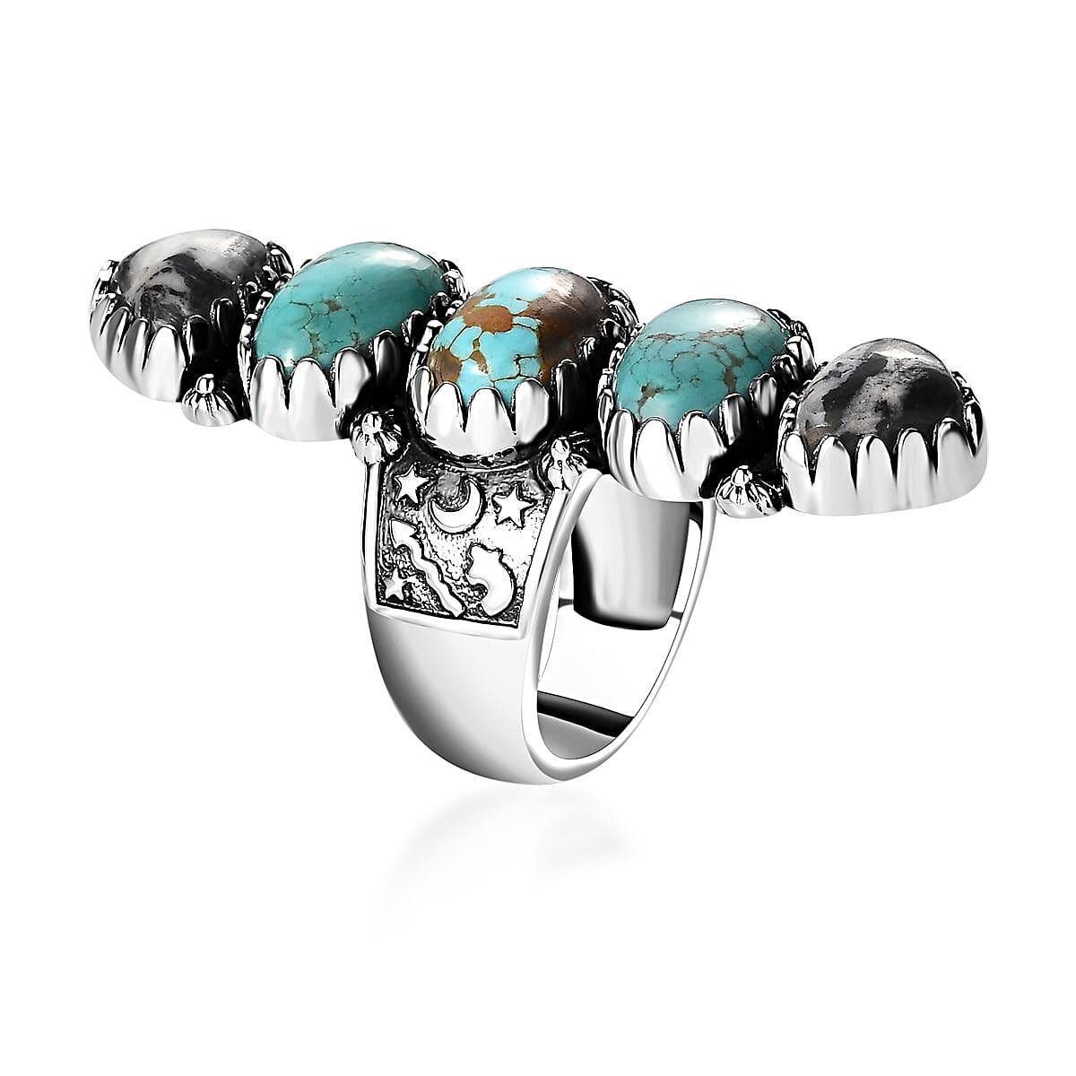 Artisan Crafted Sierra Nevada Turquoise and White Buffalo 5 Stone Ring in Sterling Silver (Size 7.0) 16.70 ctw image number 3