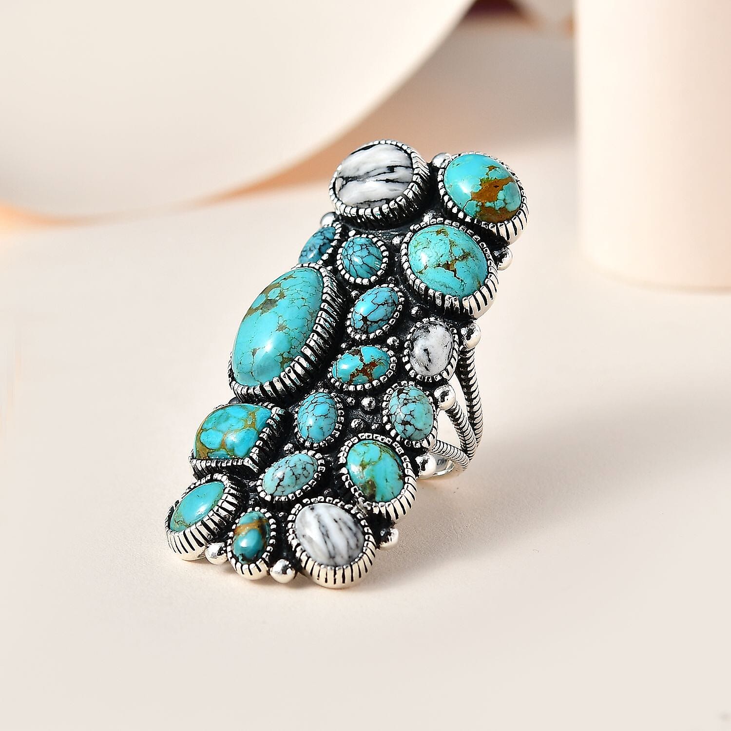 Artisan Crafted Sierra Nevada Turquoise and Multi Gemstone Ring in Sterling Silver (Size 10.0) 25.40 ctw