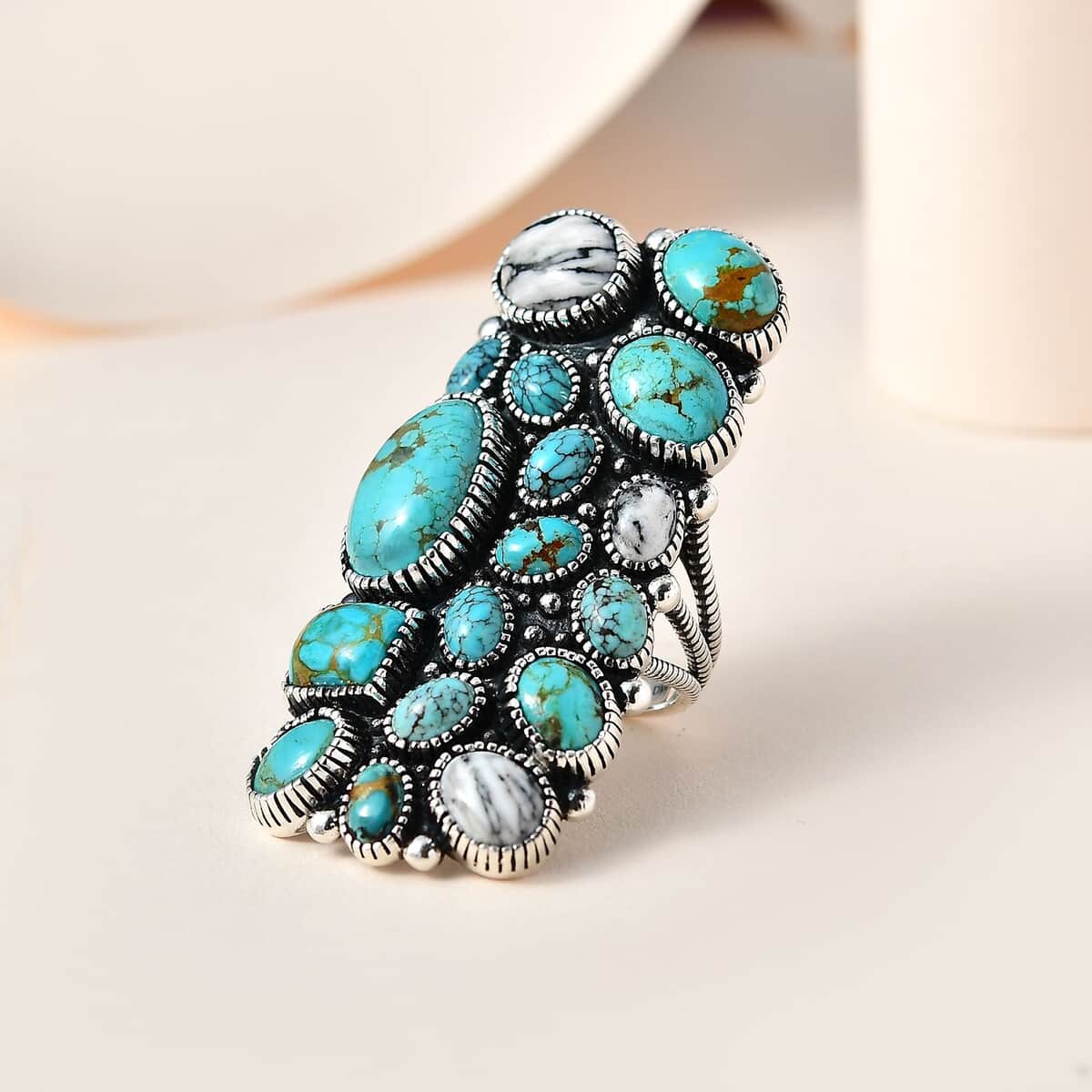 Artisan Crafted Sierra Nevada Turquoise and Multi Gemstone 25.40 ctw Ring in Sterling Silver (Size 7.0) image number 1