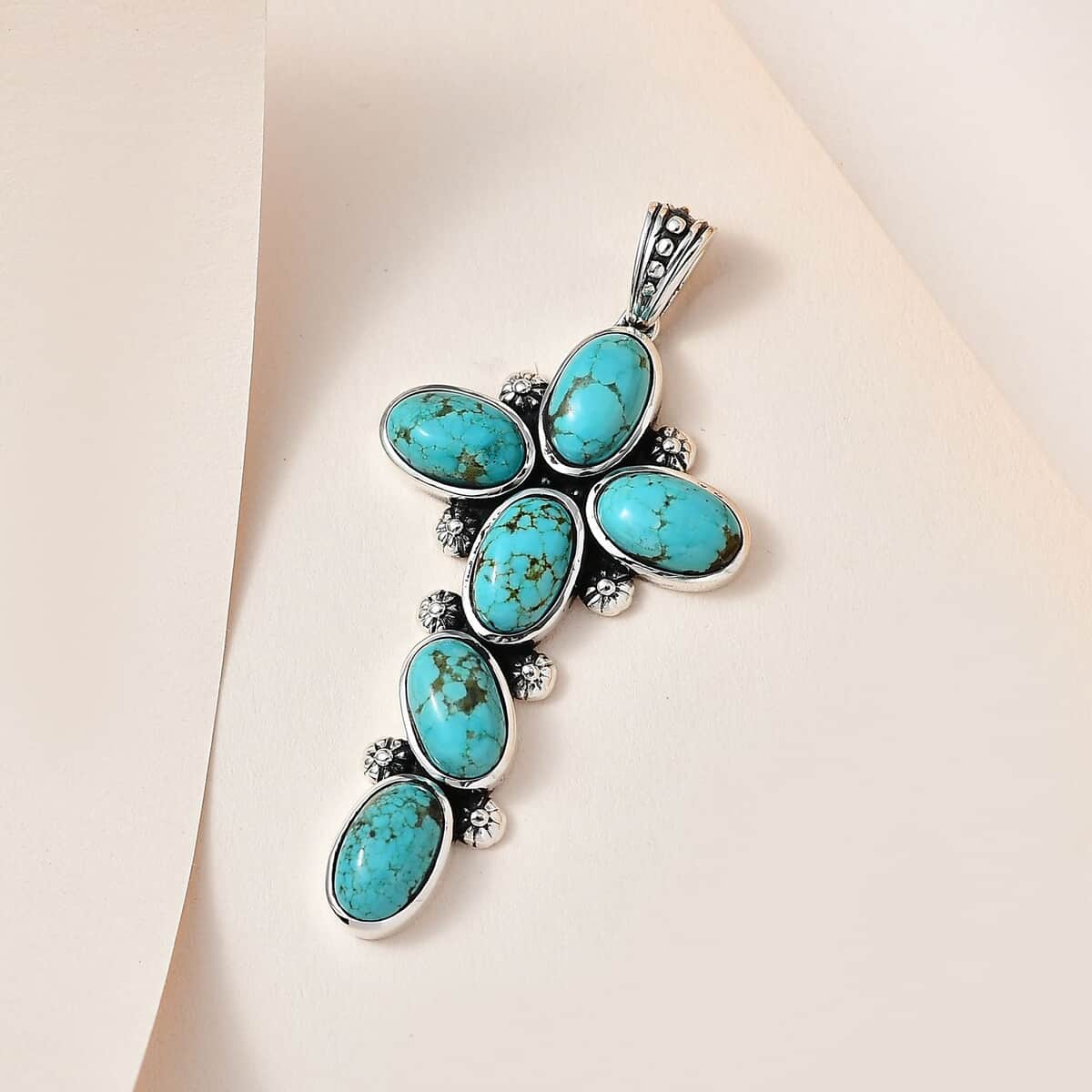 Artisan Crafted Sierra Nevada Turquoise Cross Pendant in Sterling Silver 10.30 ctw image number 1