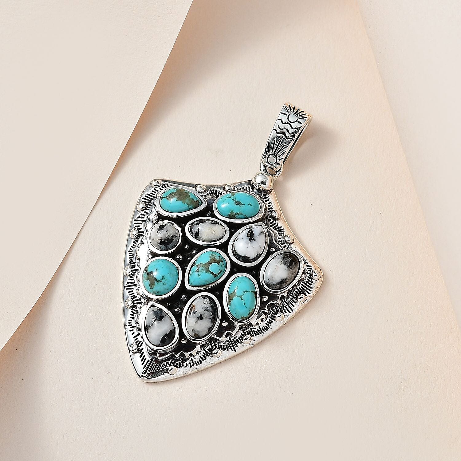Artisan Crafted Sierra Nevada Turquoise and White Buffalo Arrow Head Pendant in Sterling Silver 5.10 ctw