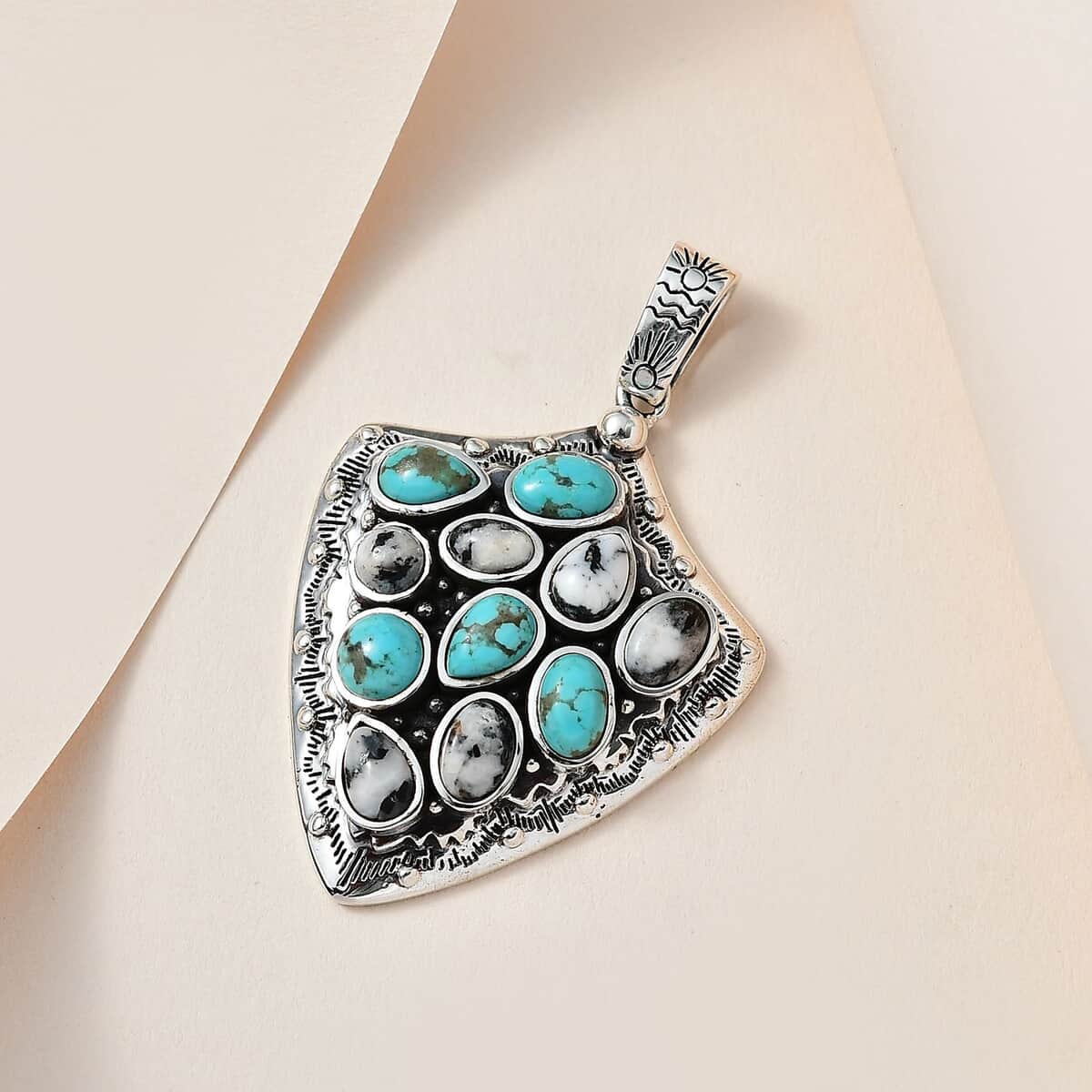 Artisan Crafted Sierra Nevada Turquoise and White Buffalo Arrow Head Pendant in Sterling Silver 5.10 ctw image number 1