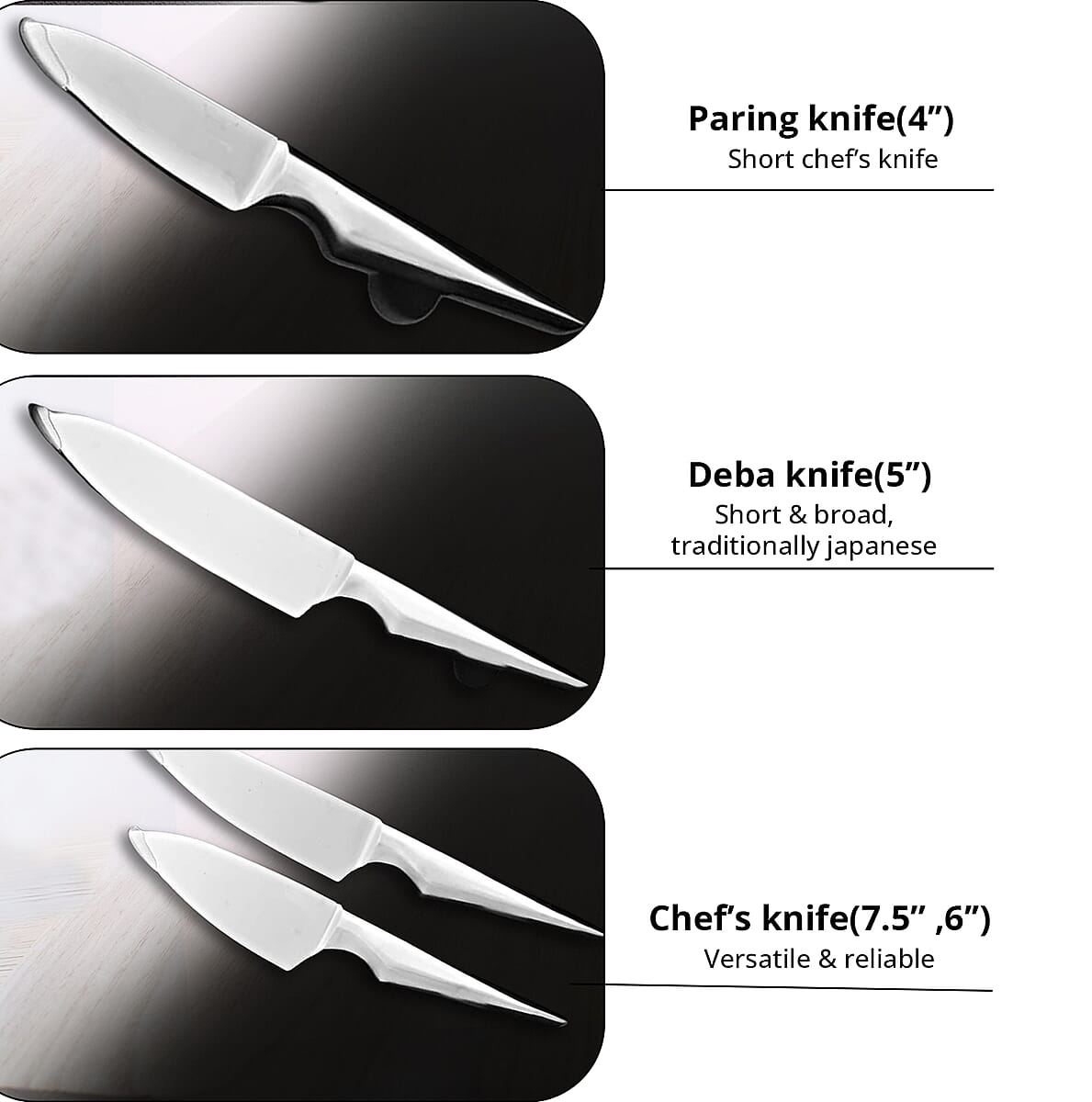 Edge of Belgravia Black 7pc Stainless Steel Chef Knife Set, Multipurpose Kitchen Knife Set of 1 Bread Knife, 2 Chef Knife, 1 Deba Knife, 1 Fish Filleting Knife, 1 Paring Knife, 1 Slicing Knife image number 3