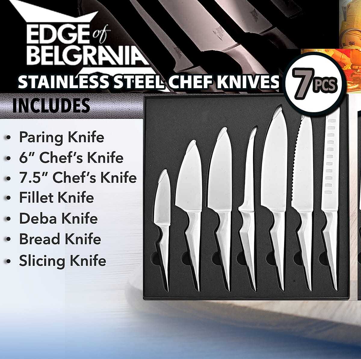 Edge of Belgravia Black 7pc Stainless Steel Chef Knife Set, Multipurpose Kitchen Knife Set of 1 Bread Knife, 2 Chef Knife, 1 Deba Knife, 1 Fish Filleting Knife, 1 Paring Knife, 1 Slicing Knife image number 4