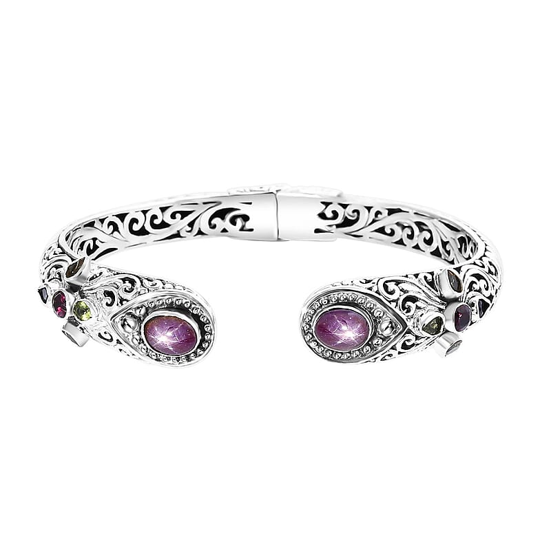Bali Legacy Indian Star Ruby and Multi Gemstone 6.60 ctw Filigree Bangle Bracelet in Sterling Silver (7.25 In)