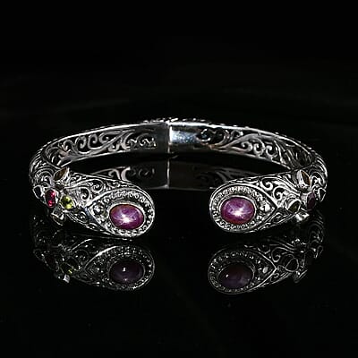 Bali Legacy Indian Star Ruby and Multi Gemstone 6.60 ctw Filigree Bangle Bracelet in Sterling Silver (7.25 In)