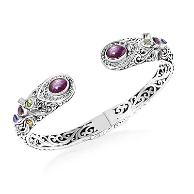 Bali Legacy Indian Star Ruby and Multi Gemstone 6.60 ctw Filigree Bangle Bracelet in Sterling Silver (7.25 In)