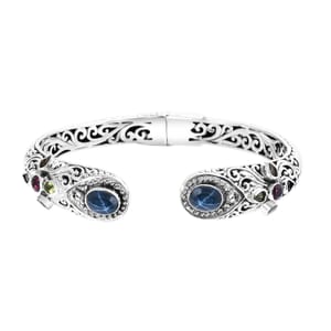 Bali Legacy Blue Star Sapphire (DF) and Multi Gemstone 6.35 ctw Filigree Bangle Bracelet in Sterling Silver (7.25 In)