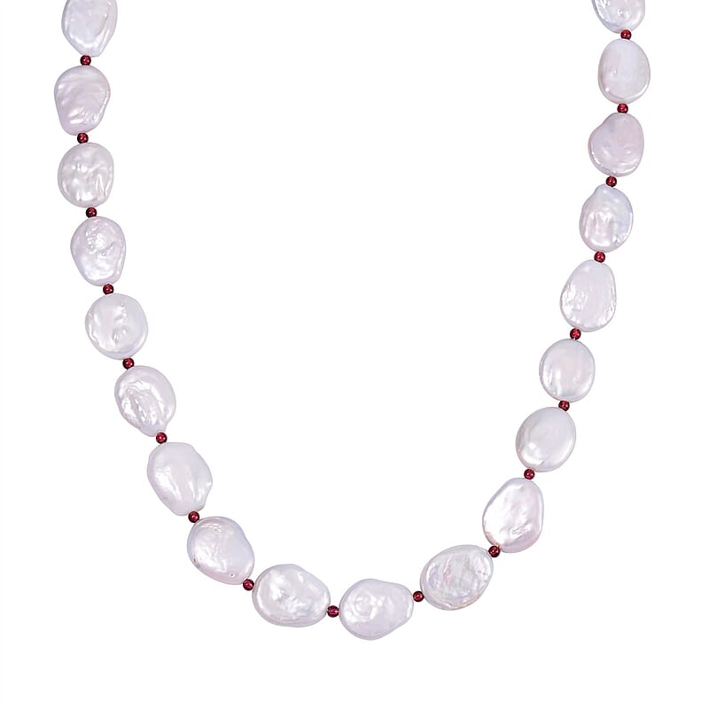 Keshi Pearl, Mozambique Garnet 198.00 ctw Necklace in Rhodium Over Sterling Silver (18 Inches)