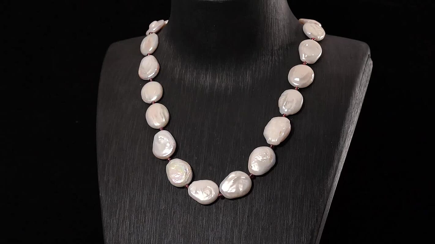 Keshi Pearl, Mozambique Garnet 198.00 ctw Necklace in Rhodium Over Sterling Silver (18 Inches)