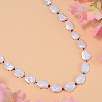 Keshi Pearl, Mozambique Garnet 198.00 ctw Necklace in Rhodium Over Sterling Silver (18 Inches)