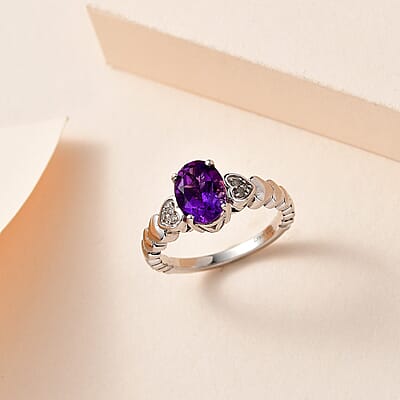 Moroccan Amethyst and Diamond Ring in Platinum Over Sterling Silver (Size 10.0) 1.20 ctw