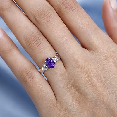 Moroccan Amethyst and Diamond Ring in Platinum Over Sterling Silver (Size 10.0) 1.20 ctw