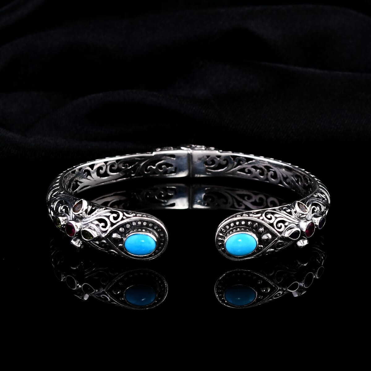 Bali Legacy Sleeping Beauty Turquoise and Multi Gemstone 4.40 ctw Filigree Bangle Bracelet in Sterling Silver (7.25 In) image number 1