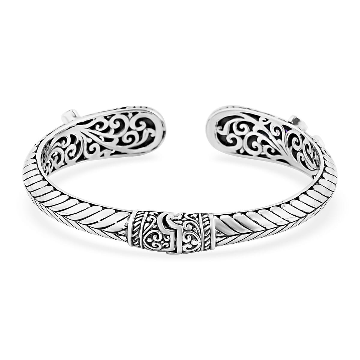 Bali Legacy Sleeping Beauty Turquoise and Multi Gemstone 4.40 ctw Filigree Bangle Bracelet in Sterling Silver (7.25 In) image number 4
