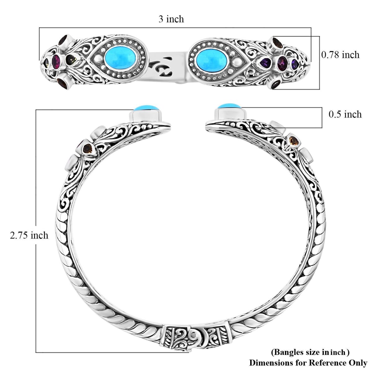 Bali Legacy Sleeping Beauty Turquoise and Multi Gemstone 4.40 ctw Filigree Bangle Bracelet in Sterling Silver (7.25 In) image number 5