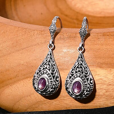 Bali Legacy Indian Star Ruby 3.65 ctw Filigree Dangle Earrings in Sterling Silver