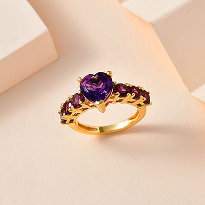 Moroccan Amethyst and Orissa Rhodolite Garnet Heart Ring in Vermeil Yellow Gold Over Sterling Silver (Size 10.0) 3.35 ctw