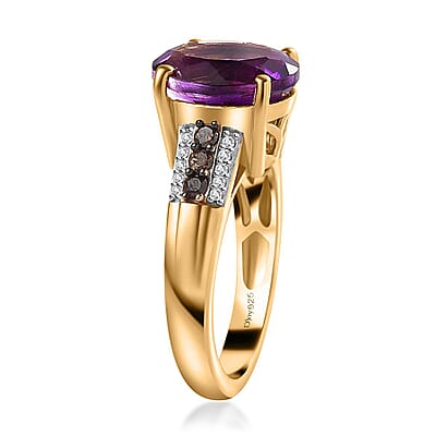 D'Joy Moroccan Amethyst, Natural Champagne and White Diamond Ring in Vermeil Yellow Gold Over Sterling Silver (Size 10.0) 3.85 ctw